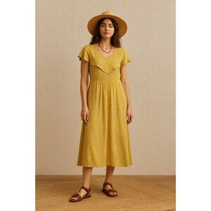 April Cornell Yellow Floral Midi Dress Rayon Ruffle Overlay V-Neck Size M